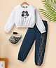 Tiara Cotton Spandex Knit Full Sleeves Floral Printed & 3D Applique Detailed Crop Top With Coordinating Joggers & Cap Set - White