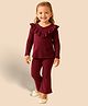 Tiara Cotton Rib Knit Full Sleeves Frill Detailed Top With Bell Bottom Pant Set - Maroon