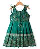 Bhartiya Paridhan Silk Woven Sleeveless Pleated Ethnic Dress with Floral Print & Bow Applique - Green