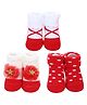 Babymoon Cotton Pack Of 3 Floral Applique Detailed & Dots Designed Anti Skid Socks - Red