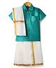 Dapper Dudes Half Sleeves Textured Shirt With Mundu & Geometric Foil Printed Angavastram Set - Bottle Green