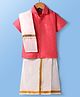 Dapper Dudes Half Sleeves Textured Shirt With Mundu & Angavastram Set - Dark Pink