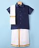 Dapper Dudes Half Sleeves Textured Shirt With Mundu & Angavastram Set - Navy Blue