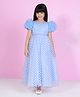 Ministitch Net Woven Half Puffed Sleeves Ruffle Detailed & Floral Embroidered Gown - Blue