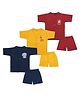 Superminis Cotton Blend Woven Pack Of 3 Half Sleeves Baby Animals Printed Tees & Shorts Set - Red Navy Blue & Yellow