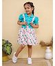 Superminis Cotton Woven Half Puffed Sleeves Solid Shirt Style Top & Birds Printed Pinafore Dress Set - Green