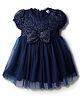 Babyhug Woven Half Sleeves Mesh Party Dress With Sequin Detailing & Bow Applique - Navy Blue