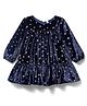Babyhug Velour Woven Full Sleeves Party Dress With Foil Star Print - Navy Blue