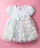 Babyhug Woven Half Puffed Sleeves Flared Partywear Dress With Floral & Bow 3D Applique - Light Blue