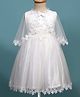 Babyhug Woven Sleeveless Mesh Party Dress with Shrug Floral Design & Pearl Detailing - White