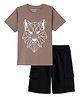 Funkrafts Premium Cotton Knitted Half Sleeves Wolf Geometric Designed Tee & Shorts Set - Brown & Black