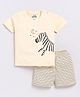 CUTOPIES Cotton Knit Half Sleeves Zebra Printed Tee & Striped Shorts Set - Cream