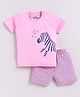 CUTOPIES Cotton Knit Half Sleeves Zebra Printed Tee & Striped Shorts Set - Pink