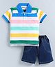 CUTOPIES Cotton Knit Half Sleeves Striped Polo Tee & Shorts Set - Blue