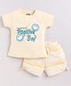 CUTOPIES Cotton Knit Half Sleeves Find Something Positive In Each Day Text Printed Tee & Striped Shorts Set - Cream