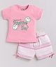 CUTOPIES Cotton Knit Half Sleeves Find Something Positive In Each Day Text Printed Tee & Striped Shorts Set - Rose