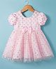 Babyhug Woven Half Puffed Sleeves Mesh Party Dress With Foil Polka Dot Print & Bow Applique - Pink
