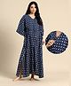 Blush 9 Cotton Woven Three Fourth Sleeves Floral Motifs Printed Maternity Nighty With Front Open Nursing Access - Blue
