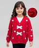 Arias Knitted Full Sleeves Front Open Sweater with Heart Embroidery & Bow Applique - Red