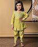 READIPRINT Silk Woven Full Sleeves Floral Embroidered Mirror Work Detailed Gota Lace Embellished Kurti Dhoti Set - Green