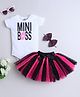 TINY MINY MEE Elastane Knit Half Sleeves Mini Boss Text Printed Onesie With Bow Applique Detailed Tutu Skirt & Headband - Magenta
