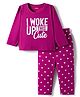 Babyhug Cotton Knit Full Sleeves Night Suit With Text & Heart Print - Purple