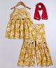 Aww Hunnie Cotton Rayon Woven Sleeveless Floral Printed Gota Lace Embellished Kurti & Sharara With Dupatta Set - Mustard