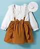 Mark & Mia Woven Knit Full Sleeves Frock with Bow Applique & Frill Detailing - White & Khaki