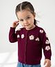 Babyoye Cotton Knit Full Sleeves Front Open Sweater With Floral Embroidery - Wine
