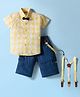Dapper Dudes Half Sleeves Checked Shirt Shorts With Bow & Suspender Set - Yellow