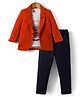 Dapper Dudes Full Sleeves Solid Blazer With Sports Printed Tee & Pant Set - Orange