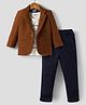 Dapper Dudes Full Sleeves Textured Blazer With Typography Printed Tee & Pant Set - Brown
