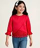 Arias Woven Three Fourth Sleeves Petal Cut Top with Embroidered Lace Detailing at Hem - Red