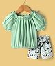 Dew Drops Cotton Woven Half Puffed Sleeves Top and Shorts Set with Bow Applique & Panda Print - Aqua Blue & Sea Green