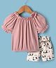 Dew Drops Cotton Woven Half Puffed Sleeves Top and Shorts Set with Belt & Bow Applique & Panda Print - Beige & Pink