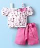 Dew Drops Cotton Woven Half Sleeves Cold Shoulder Top & Shorts Set with Floral Print  & Bow Applique - Dark Pink