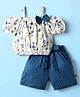 Dew Drops Cotton Woven Half Sleeves Cold Shoulder Top & Shorts Set with Floral Print  & Bow Applique - Navy Blue