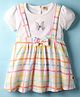 Dew Drops Cotton Knit Half Sleeves Checkered Frock With Butterfly Applique - Multicolour