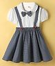 Dew Drops Cotton Knit Half Sleeves Peter Pan Collar Frock With Printed Inner Tee & Bow Applique - Navy Blue