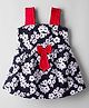 Dew Drops Cotton Knit Sleeveless Floral Printed Frock With Bow Applique - Navy Blue
