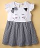 Dew Drops Cotton Knit Frill Sleeves Frock With Kitty Print & Bow Applique - Black & White