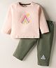Tango Interlock Knit Full Raglan Sleeves T-Shirt & Lounge Pant Set With Rainbow Print - Peach