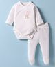 I Bears Cotton Interlock Full Sleeves Teddy Printed Onesie with Bootie Legging - Offwhite