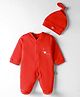 Mini Taurus 100% Cotton Full Sleeves Embroidered Footed Sleep Suit With Cap - Red
