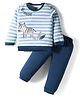Mini Taurus Looper Knit Full Sleeves Striped T-Shirt & Lounge Pant Set With Zebra Print - Navy Blue