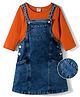 Hola Bonita Single Jersey Knit Three Fourth Sleeves Top with Knee Length Denim Dungaree Dress - Rust Orange & Blue