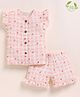 Cot & Candy Organic Muslin Cotton Knit Frill Sleeves Checked & Strawberries Printed Coordinating Tee & Shorts Set - Strawberry