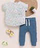 Cot & Candy Organic Muslin Cotton Knit Half Sleeves Floral Printed Tee & Joggers Set - Spring & Denim Blue