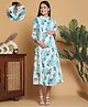 Moms Maternity Cotton Blend Woven Three Fourth Sleeves Floral Printed Lace Detailed Maternity Kurti Dress With Front Open Nursing Access - Teal Blue