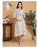 Moms Maternity Cotton Blend Woven Half Bell Sleeves Chevron Printed Maternity Dress With Side Seam Nursing Access - Multi Colour